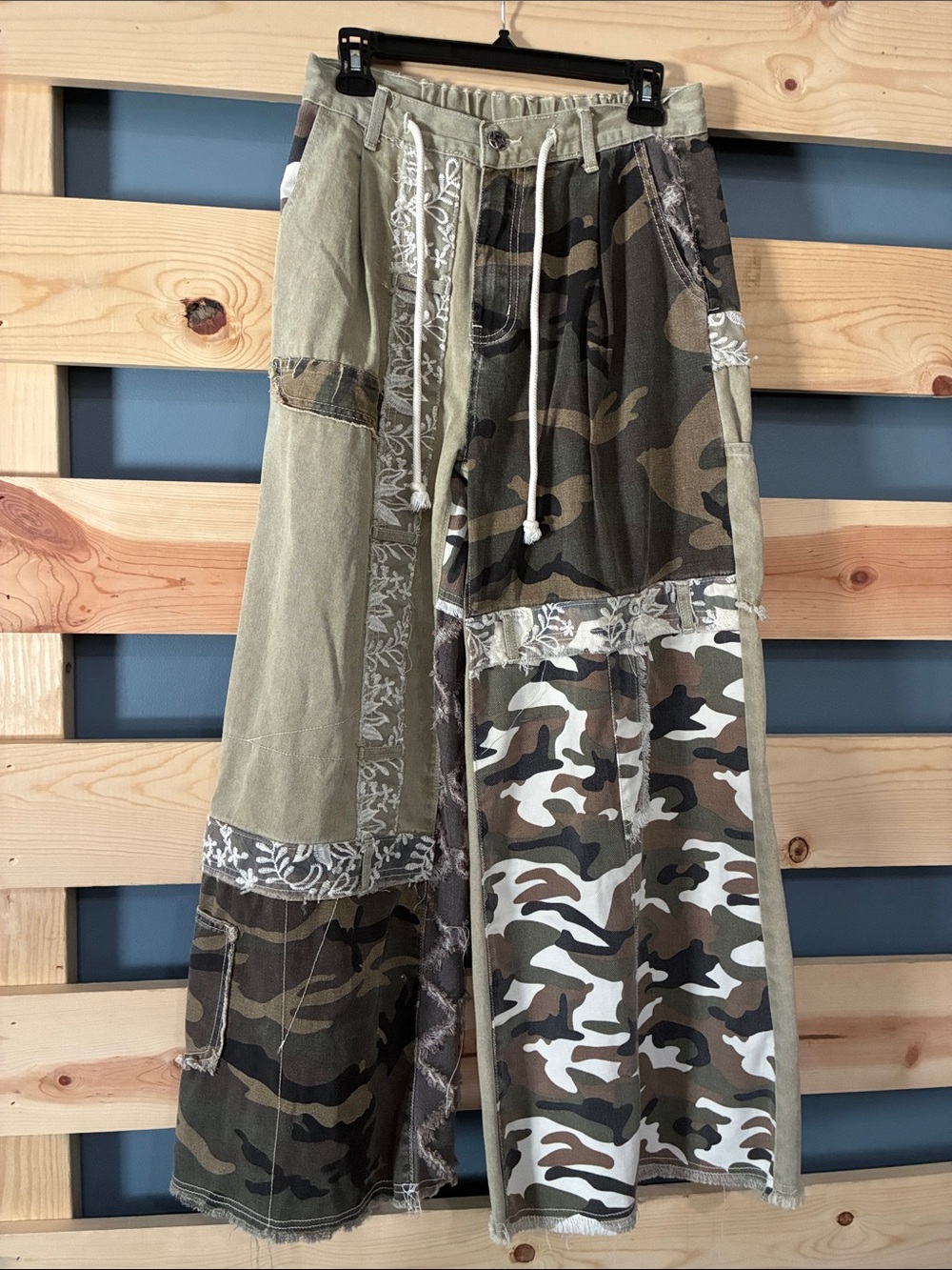 NWOT POL Patchwork Wide Leg Jeans in Olive & Camo